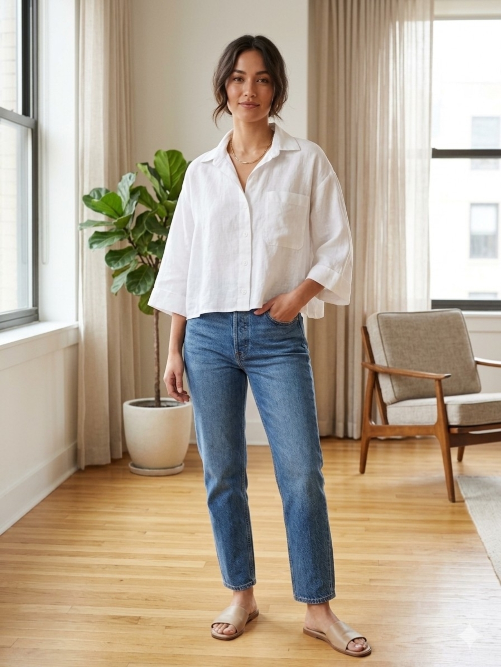 Magaschoni White Cropped Linen Button-Down Shirt